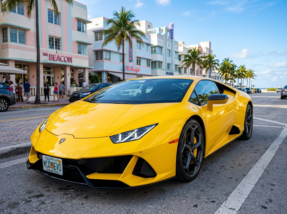2021 Lamborghini Huracan EVO yellow exterior front three-quarter view Miami street rental
