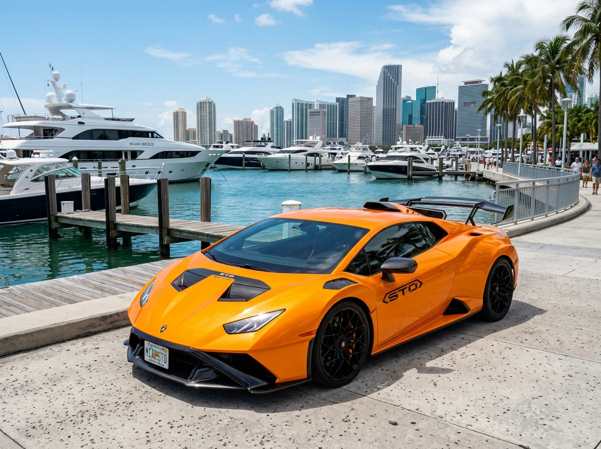 2022 Lamborghini Huracan STO orange track-focused supercar exterior parked at Miami marina