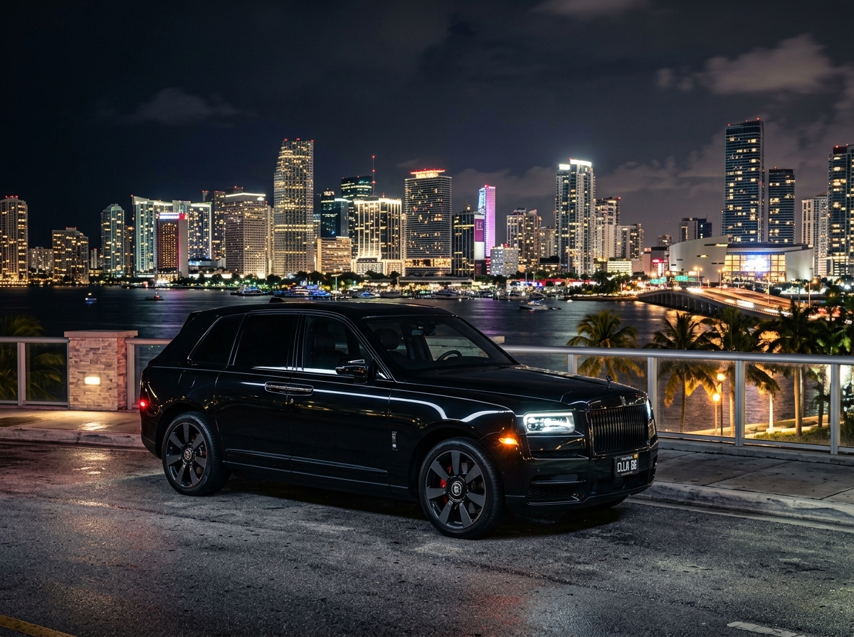 2022 Rolls-Royce Cullinan Black Badge black luxury SUV exterior night shot Miami skyline
