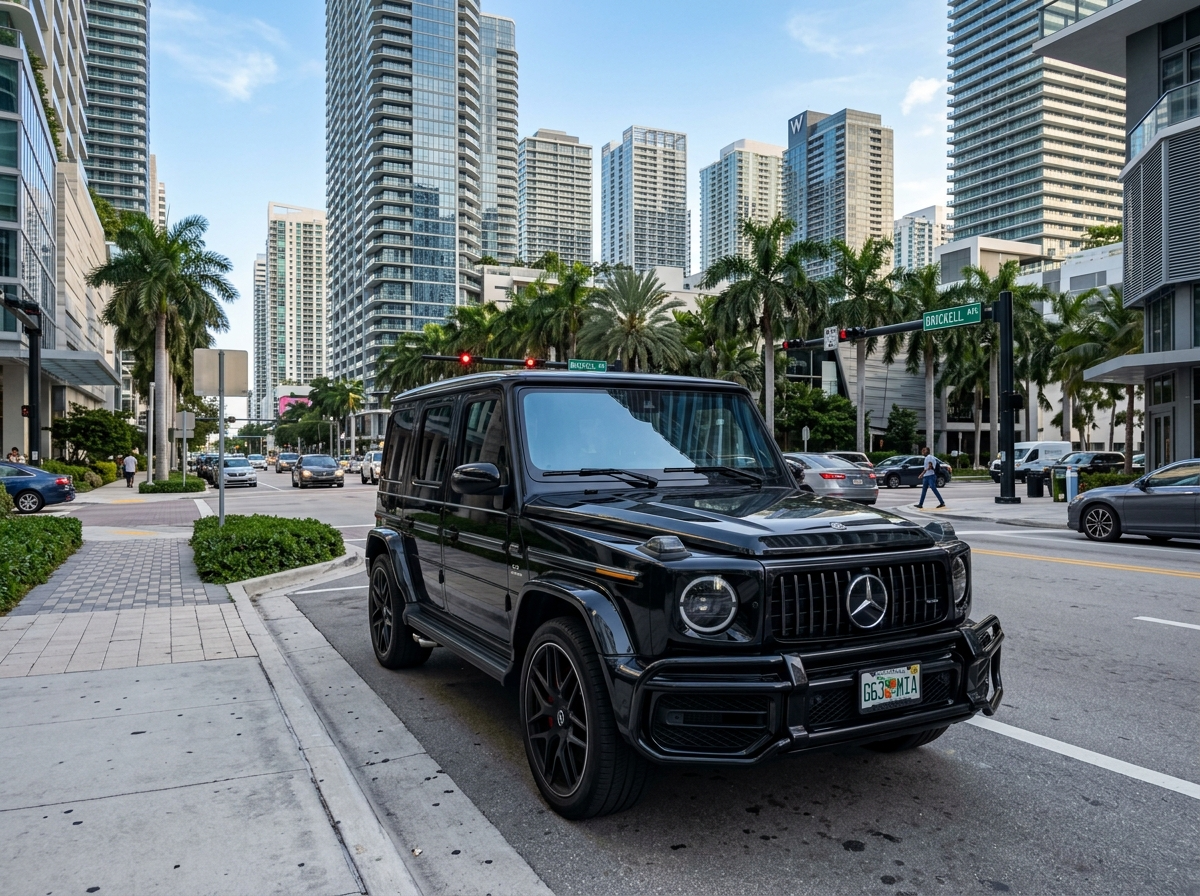 2024 Mercedes-Benz G63 AMG black luxury SUV front exterior parked Brickell Avenue Miami