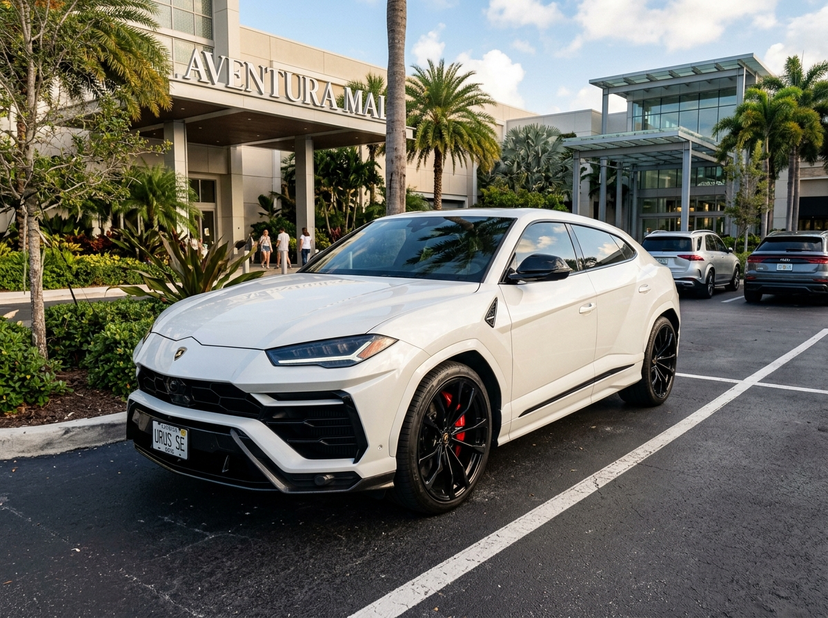 2025 Lamborghini Urus SE Pearl White luxury SUV exterior parked in Aventura mall Florida