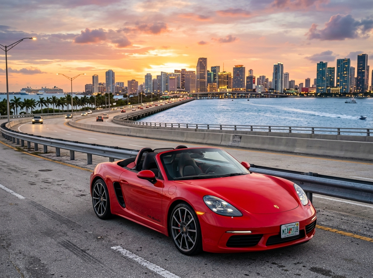 2022 Porsche 718 Boxster red roadster convertible parked on Key Biscayne causeway Miami