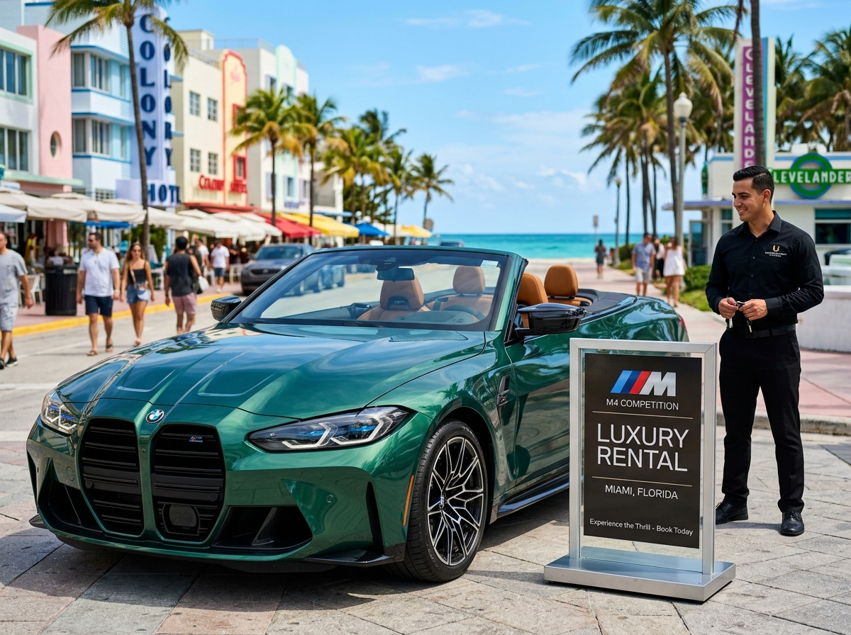 BMW brand logo M4 luxury rental Miami Florida